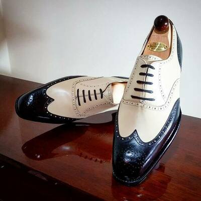 Handmade men blue white calf leather dress wingtip lace up shoes - Thumbnail 3