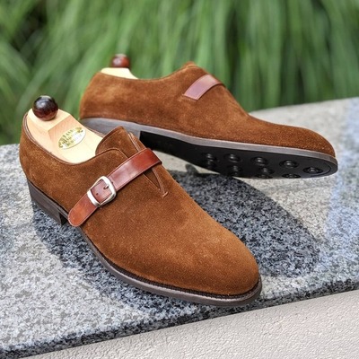 New men brown suede leather monk strap shoes - Thumbnail 1