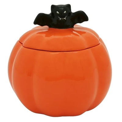 Orange pumpkin bat halloween gothic lidded hand painted ceramic cookie jar