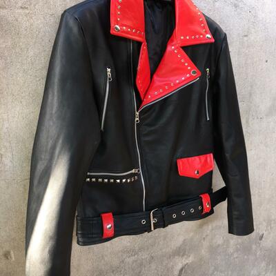 Crafted leather handmade black red leather men fashion biker studded motorcycle jacket - Thumbnail 5
