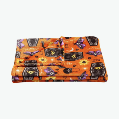 Witchy halloween gothic horror moths, coffins, skulls, leaves, bats blanket