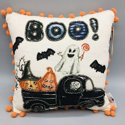 Spooky ghosts pumpkins bats and spiders in a truck fall halloween beaded pillow