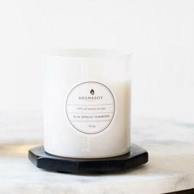 Blue spruce teakwood soy candle white glass 10oz very rare extremely limited and out of print candle maker now closed