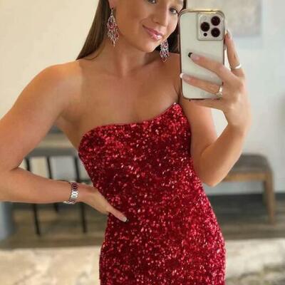 Strapless burgundy sequin long prom dresses - Thumbnail 2