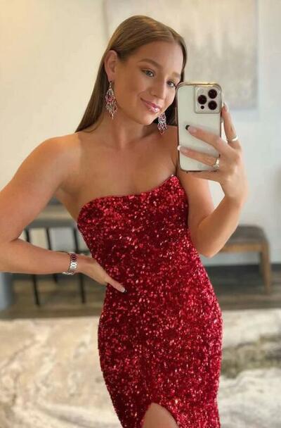 Strapless Burgundy Sequin Long Prom Dresses