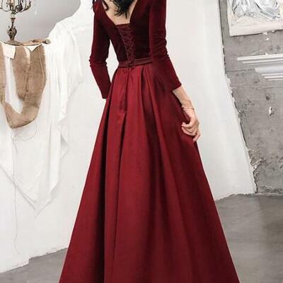 Elegant v-neck a-line wine red prom dresses with velvet - Thumbnail 2