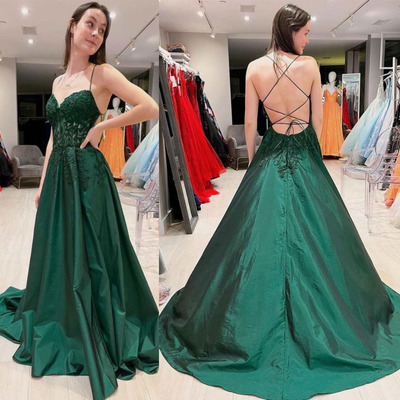Straps prom dresses dark green with appliques - Thumbnail 1