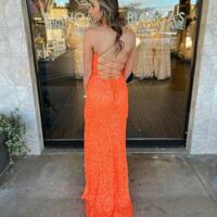 Mermaid Glitter Orange Sequin Long Backless Prom Dresses - Thumbnail 1