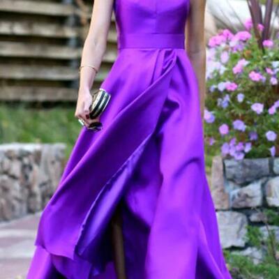 Spaghetti straps purple tea length satin prom dresses - Thumbnail 2