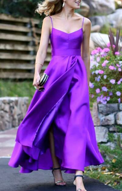 Spaghetti Straps Purple Tea Length Satin Prom Dresses