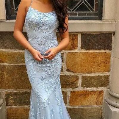 Mermaid light blue lace long prom dresses,winter formal dresses - Thumbnail 2