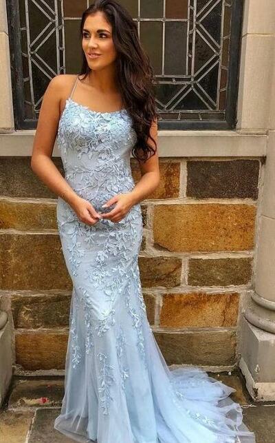 Mermaid Light Blue Lace Long Prom Dresses,Winter Formal Dresses