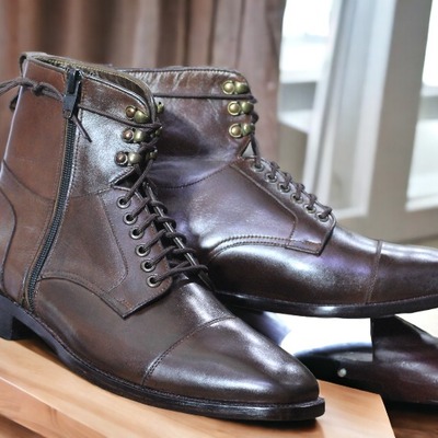 Men's handmade ankle high brown lace up side zipper captoe boot, luxury boot - Thumbnail 1