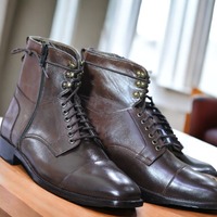 Men's Handmade Ankle High Brown Lace Up Side Zipper CapToe Boot, Luxury Boot - Thumbnail 1