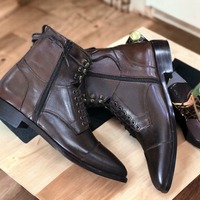 Men's Handmade Ankle High Brown Lace Up Side Zipper CapToe Boot, Luxury Boot - Thumbnail 2