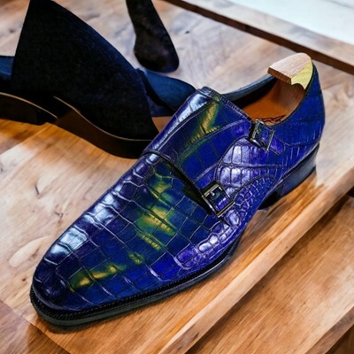 Handmade men's new stylish blue alligator double buckle shoes, dress shoes - Thumbnail 2