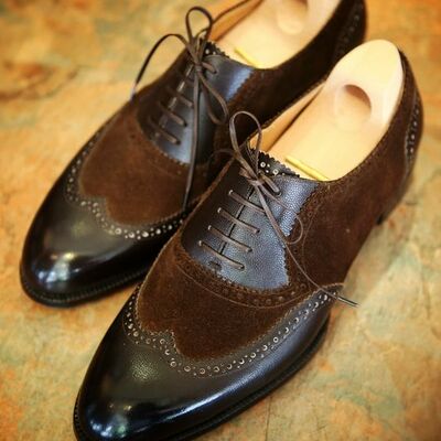 Brown awesome contrast handmade cap toe lace up dress formal shoes - Thumbnail 2