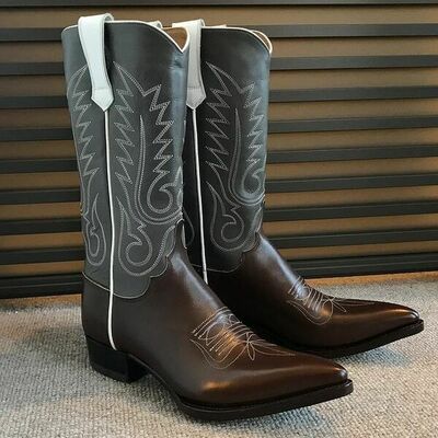 Handmade men western style brown grey leather cowboy boot