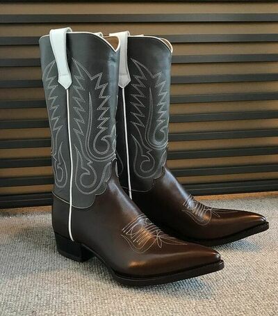 Handmade Men Western Style Brown Grey Leather Cowboy Boot