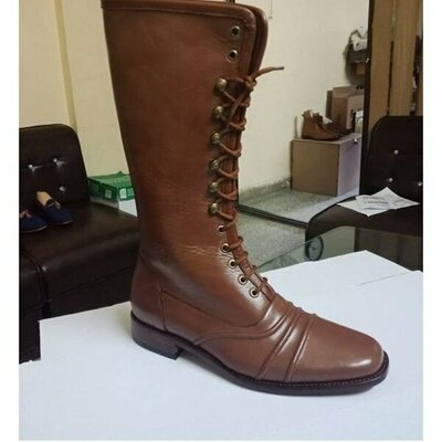 Men brown military style superb leather cowboy long boot
