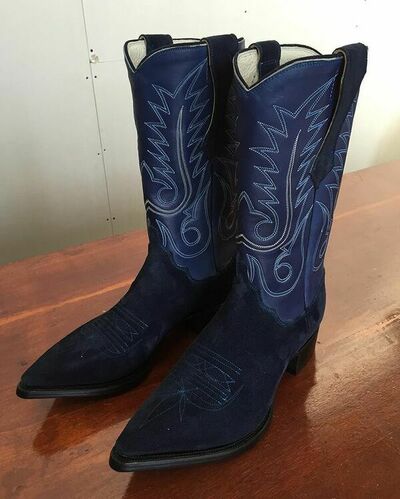 Men's Dark Blue Suede Full Long Cowboy Boot