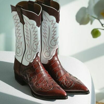 Men classic western beautiful alligator and french calf leather cowboy boot