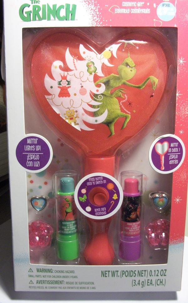 RARE Dr. Seuss The Grinch Townley Girl Light Up Heart Mirror Lip Balm Jewelry Set kids child children tween Christmas make up cosmetic