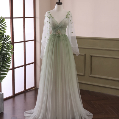 Light green tulle long sleeve prom dress, green gradient floor length evening dress - Thumbnail 2