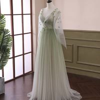 Light Green Tulle Long Sleeve Prom Dress, Green Gradient Floor Length Evening Dress - Thumbnail 1