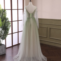 Light Green Tulle Long Sleeve Prom Dress, Green Gradient Floor Length Evening Dress - Thumbnail 2