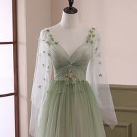 Light Green Tulle Long Sleeve Prom Dress, Green Gradient Floor Length Evening Dress - Thumbnail 3