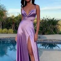 Straps Sheath Long Purple Long Split Prom Dresses - Thumbnail 1