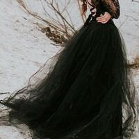 A Line Tulle Lace Black Prom Dresses With Long Sleeves  - Thumbnail 1