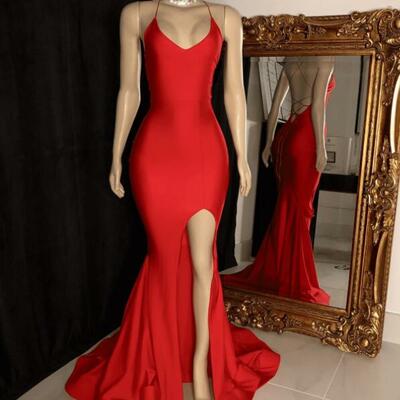 Simple mermaid sleeveless red prom dresses - Thumbnail 1