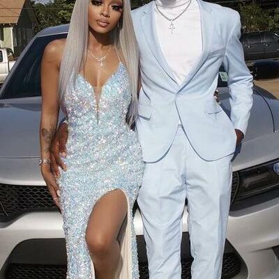 Sparkle sequin v-neck prom evening dresses with side slit - Thumbnail 1