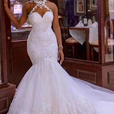 Mermaid halter see through lace wedding dresses