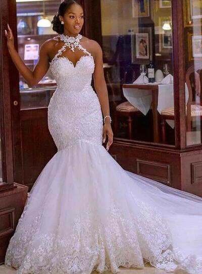 Mermaid Halter See Through Lace Wedding Dresses
