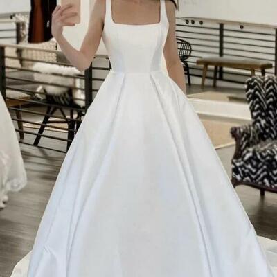 Simple a line mermaid square neck prom wedding dresses
