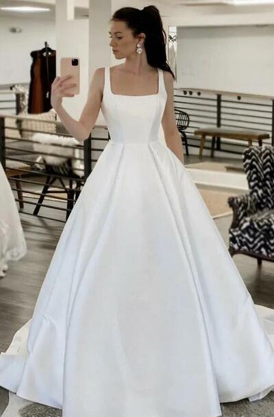 Simple A line Mermaid Square Neck Prom Wedding Dresses