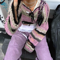 Y2K STRIPE HOLLOW OUT FISHNET SWEATSHIRT - Thumbnail 5