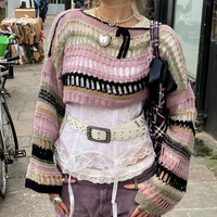 Y2K STRIPE HOLLOW OUT FISHNET SWEATSHIRT - Thumbnail 4