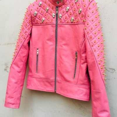 Crafted leather women pink quilted gold studded skeletons genuine leather jacket - Thumbnail 5