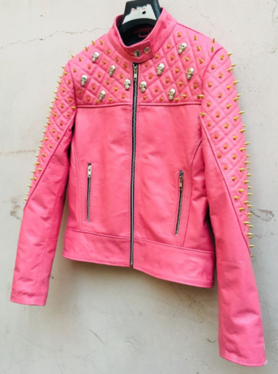 Crafted Leather Women Pink Quilted Gold Studded Skeletons Genuine Leather Jacket