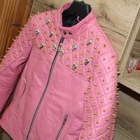 Crafted Leather Women Pink Quilted Gold Studded Skeletons Genuine Leather Jacket - Thumbnail 1