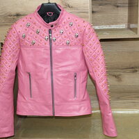 Crafted Leather Women Pink Quilted Gold Studded Skeletons Genuine Leather Jacket - Thumbnail 2