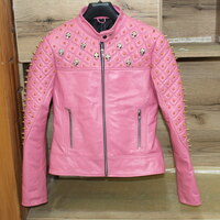 Crafted Leather Women Pink Quilted Gold Studded Skeletons Genuine Leather Jacket - Thumbnail 3