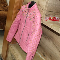 Crafted Leather Women Pink Quilted Gold Studded Skeletons Genuine Leather Jacket - Thumbnail 4