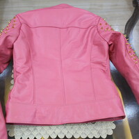 Crafted Leather Women Pink Quilted Gold Studded Skeletons Genuine Leather Jacket - Thumbnail 5