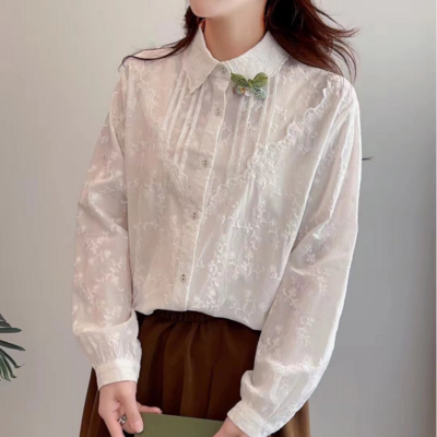 Sweet and fresh lapel embroidered pleated versatile loose long-sleeved blouses