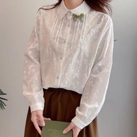 Sweet and fresh lapel embroidered pleated versatile loose long-sleeved blouses - Thumbnail 1